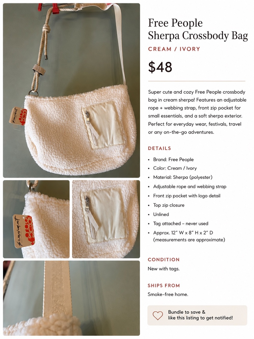 Free People Cream/Ivory Sherpa Crossbody Bag with Rope Strap